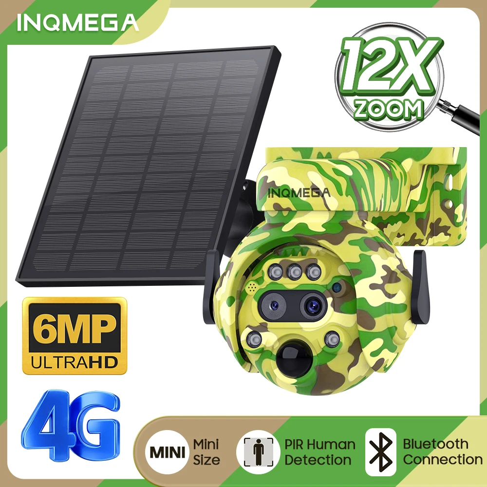 

INQMEGA 6MP 4G Sim 12x Zoom Camouflage Hunting Solar Camera Dual Lens Outdoor Wifi Solar Cell PIR Human Detection PTZ Camera