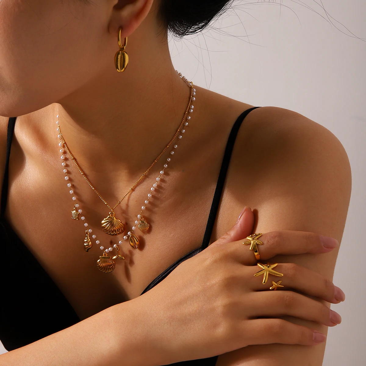 هوانغ تشاو خمر نجم البحر شل قلادة قلادة الفولاذ المقاوم للصدأ 18 كيلو مطلية بالذهب قلادة قلادة الشاطئ مجوهرات هدية عيد ميلاد