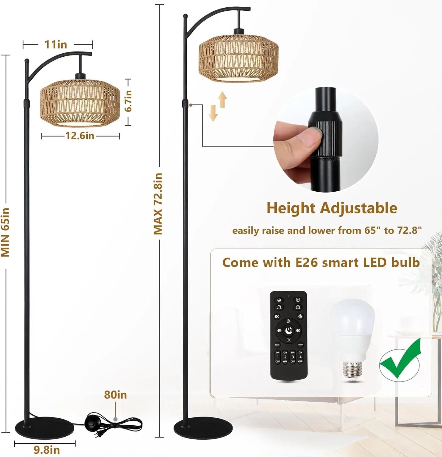 

Arc Floor Lamps for Living Room, Dimmable Rattan Floor Lamp with Remote & LED Bulb