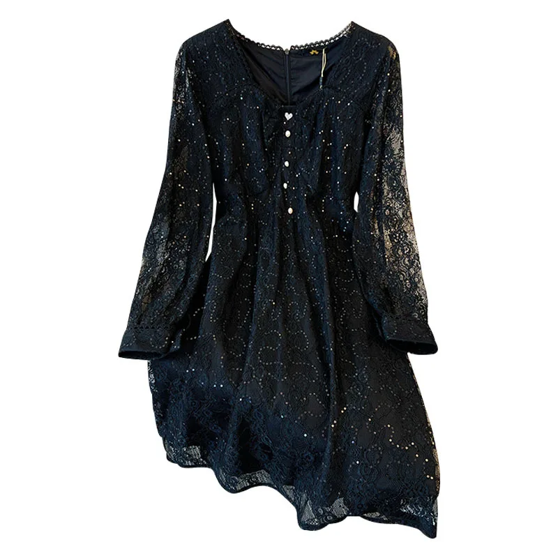 150Kg Plus Size Women\'s Bust 151 Autumn Lace Sequins Sweet Style Dress Long Sleeve V-Neck Dress Black White 5XL 6XL 7XL 8XL 9XL