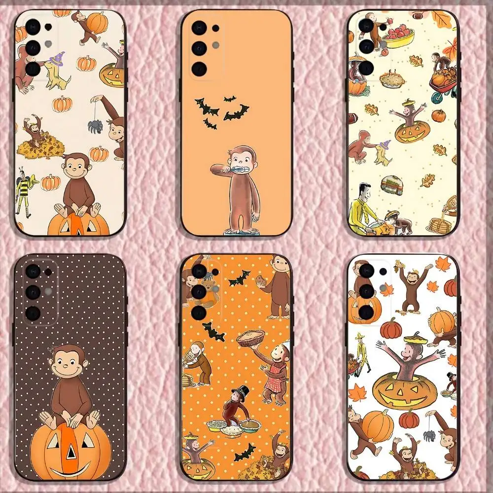

Curious George Monkey Pumpkin Phone Case For Samsung S 25,24,23,22,30,21,10,9,Ultra,Plus,Lite,FE,4,5G Black Soft Case