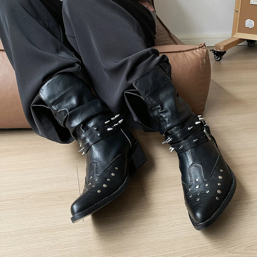 Western Boots Unisex Black Leather Pointed Toe Spike Studs Buckle Straps Mid Calf Cowboy Punk Rock Biker Footwear Concert