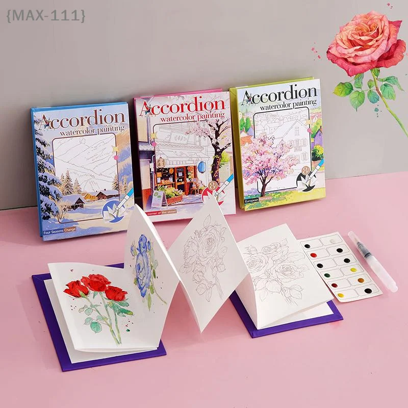 【MAX111-M3】Portable Foldable Watercolor Painting Book - Graffiti Drawing Coloring Book Kit with Built-in Paint Holiday Birthday