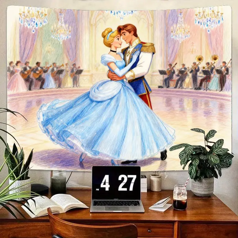 

1PC Cinderella Prince Charming Ballroom Dance Tapestry Modern Polyester Wall Art Living Room Bedroom Decor Gift for Princess Fan