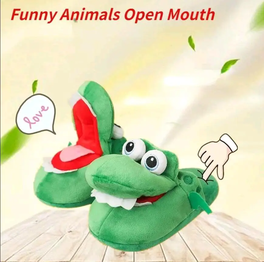 New Winter Warm Plush Slippers Mr. Crocodile Women Cute Home Funny Animals Open Mouth Slippers House Floor Cotton Shoes