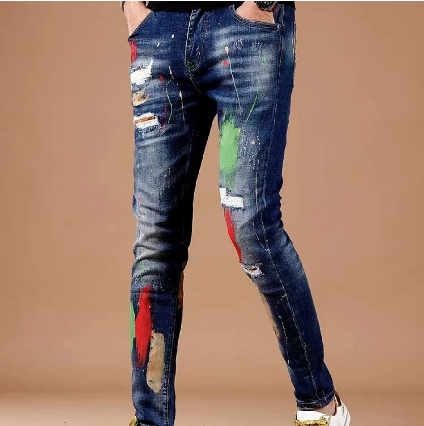 

Y2K Streetwear Fashion Men Jeans Retro Blue Stretch Slim Fit Ripped Jeans Men Painted Designer Hip Hop Splashed Pants Hombre