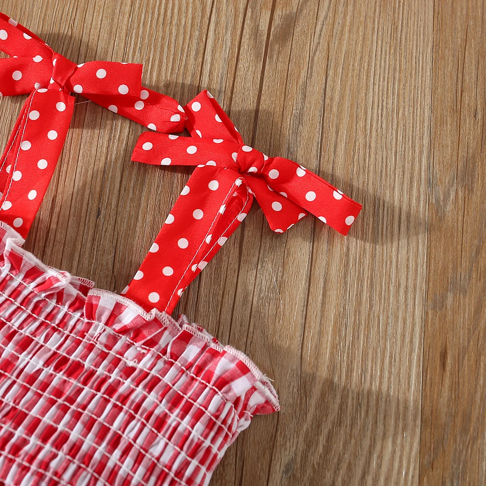 Baby girl dress summer full of small plaid print collar with lace two strawberry bows suspender princess dress