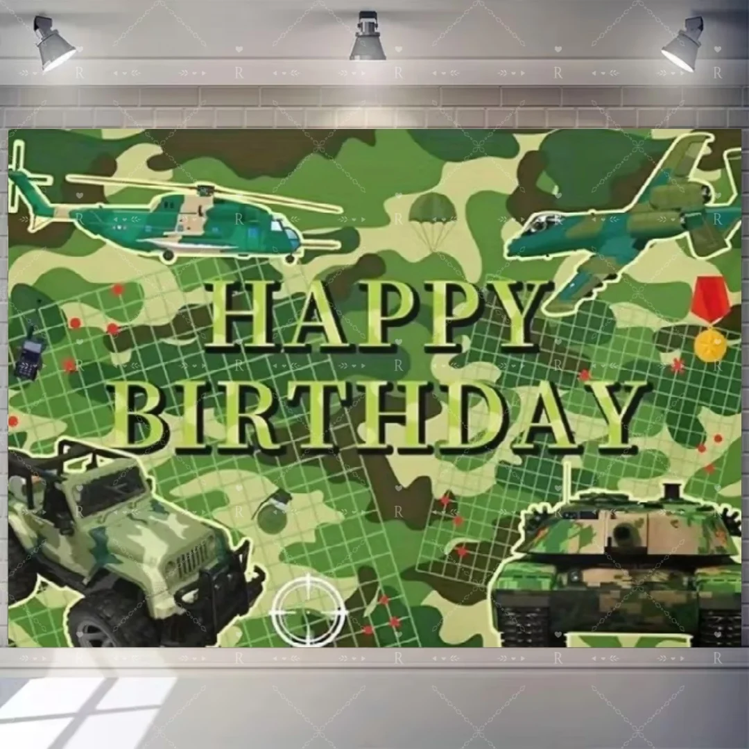 Militär-Armee-Thema Geburtstagsparty-Dekoration Hintergrund Tarnmuster Soldat Flugzeug Panzer Auto Hintergrund Jungen Foto-Banner Geschenke – Detail 3