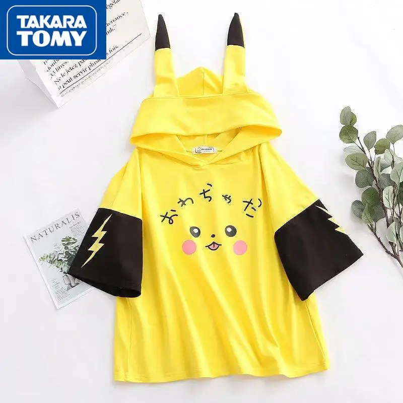 TAKARA TOMY 2022 Summer Leather Men/Women Kachu Cotton Cartoon Cute Hooded Short-sleeved Top Student Loose Breathable T-shirt