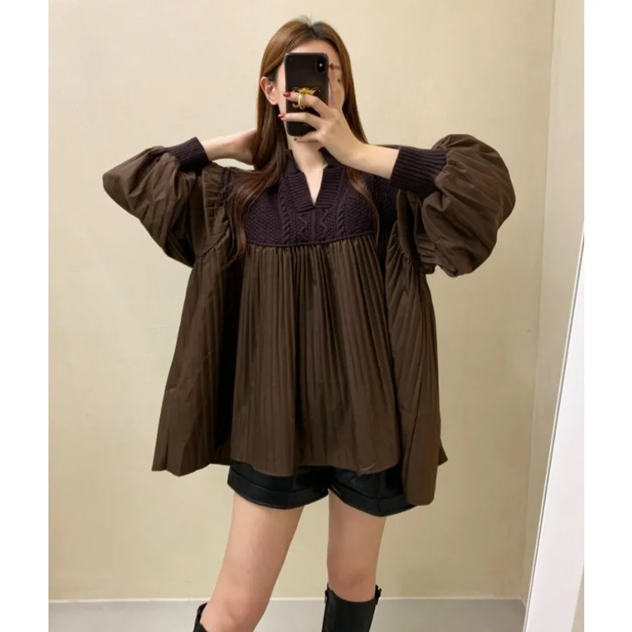 

Y2k Vintage Patchwork Knitted Shirt Women Loose Long Sleeve Blusas De Mujer 2025 Early Autumn New All-match Blouses Sweater