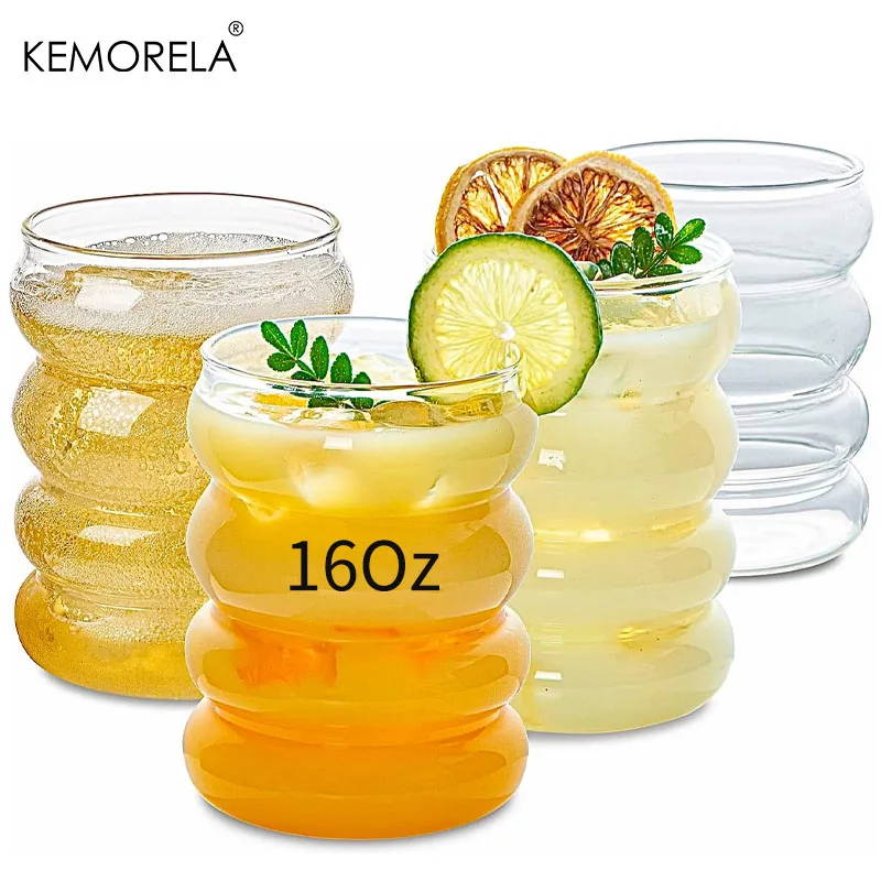 Kemorela 500ml Wave Shape Glass Cup Bubble Drinking Glasses With Lids And Straws Milk Coffee Mug Drinkware Glasses Set