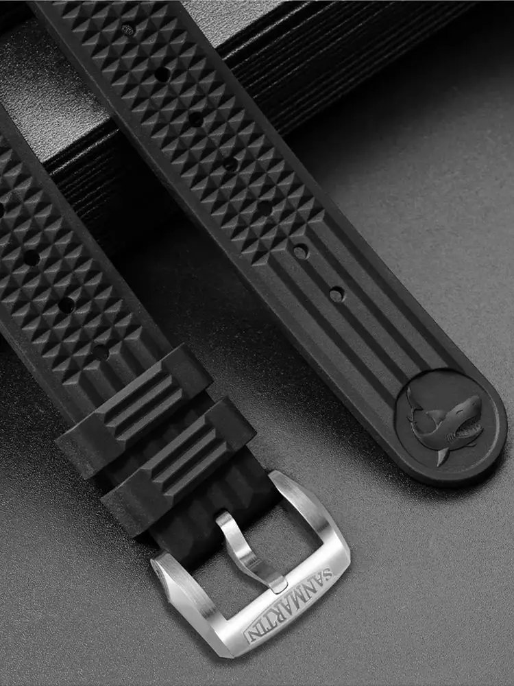 San Martin 20mm Fluororubber Watch Band Waterproof Quick Release Black Watch Strap Waffle Pattern Comfortable Watchbands Durable