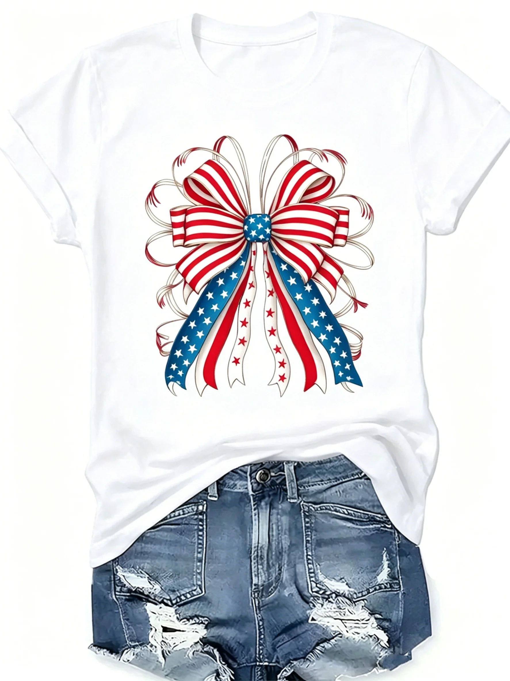 Women's plus Size Casual Short Sleeve T-shirt USA Flag Bow Print round Neck Tee for Summer Parties And Casual Wear