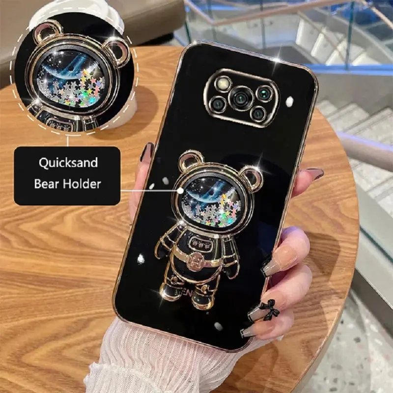 Phone Case for Xiaomi Poco X3 Poco X3 Pro Poco X3 NfC Luxury Plating Quicksand Cartoon Bear Fold Stand Phone Case Cover