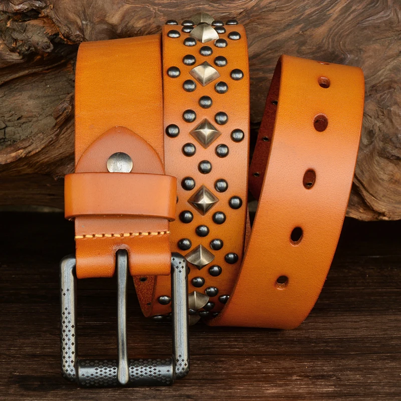 

Original Design Personalized Rivet Top Layer Cowhide Belt with Pin Buckle Cool Punk Sweet Style Unisex Genuine Leather Belt