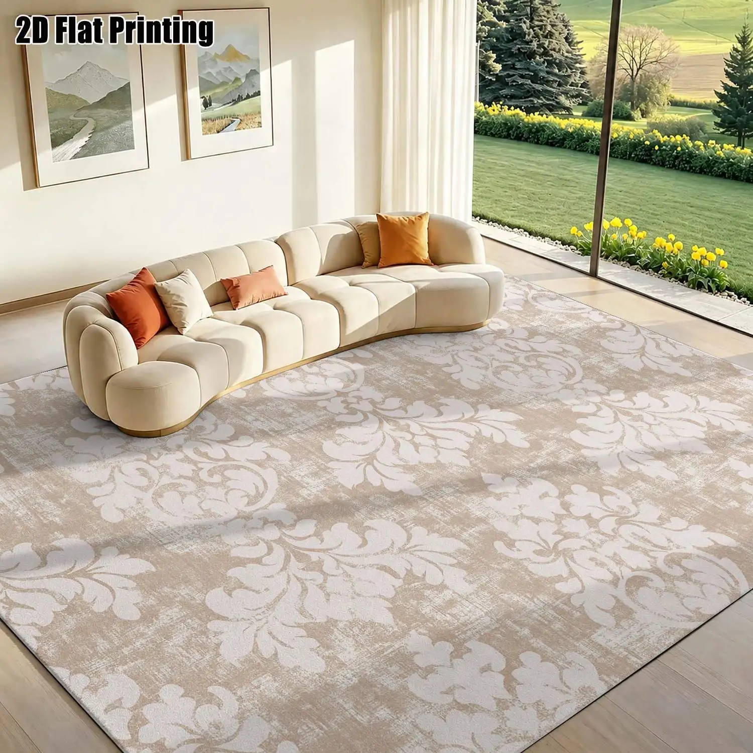 1Pc 2D Printed Beige Retro Floral European Vintage Geometric Striped Bohemian Carpet, Home Decor, Multi-Size, Machine Washable, Suitable for Entrance/Dining Room/Foyer/Bedroom/Living Room Mats