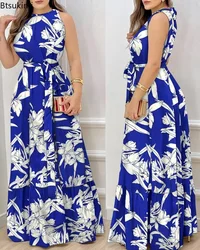 2024 Women's Elegant Floral Print Long Dresses Spring Summer Lace up Print Strap Dress Holiday Beach Female Robe Vesido Mujer