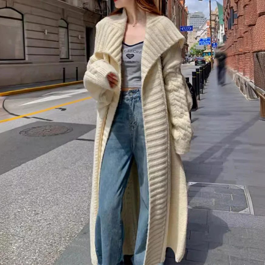 

Mid-Long Cardigans For Woman Long Elegants Mid Womens Autumn Woolen Semi-Turtleneck Stylish Stripe Slim-Fit Flap Long-Sleeve Y2K