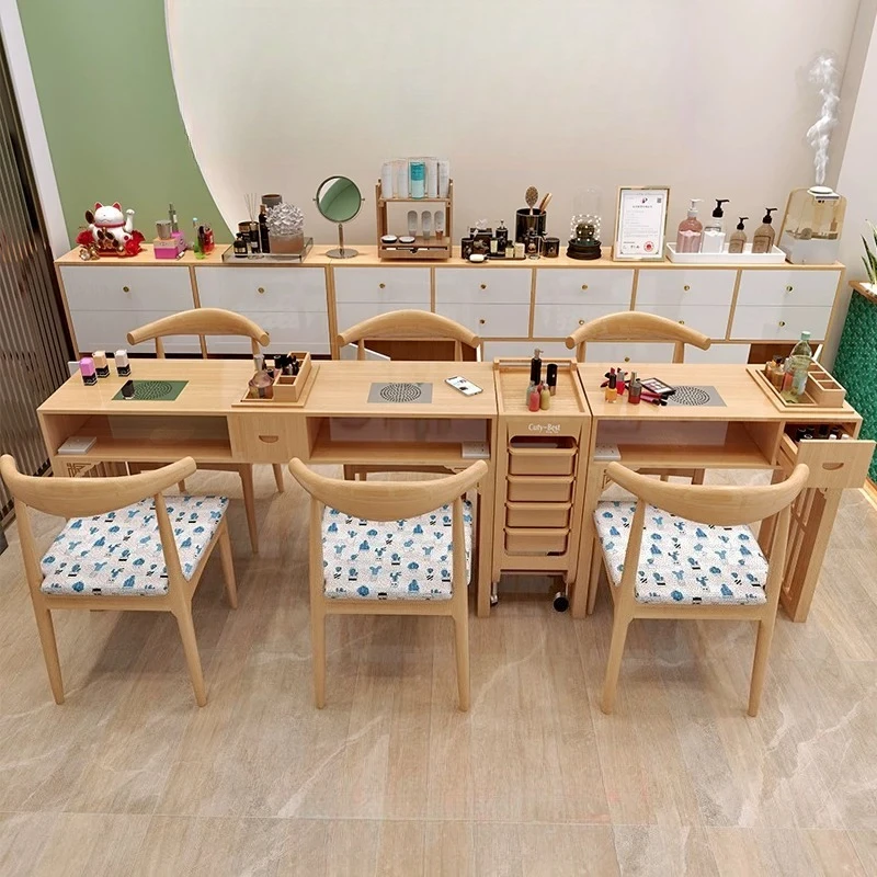 Solid Wood Frame Marble Top Manicure Desk With Drawer Storage & Embedded Dust Collector Practical Nail Salon Work Table