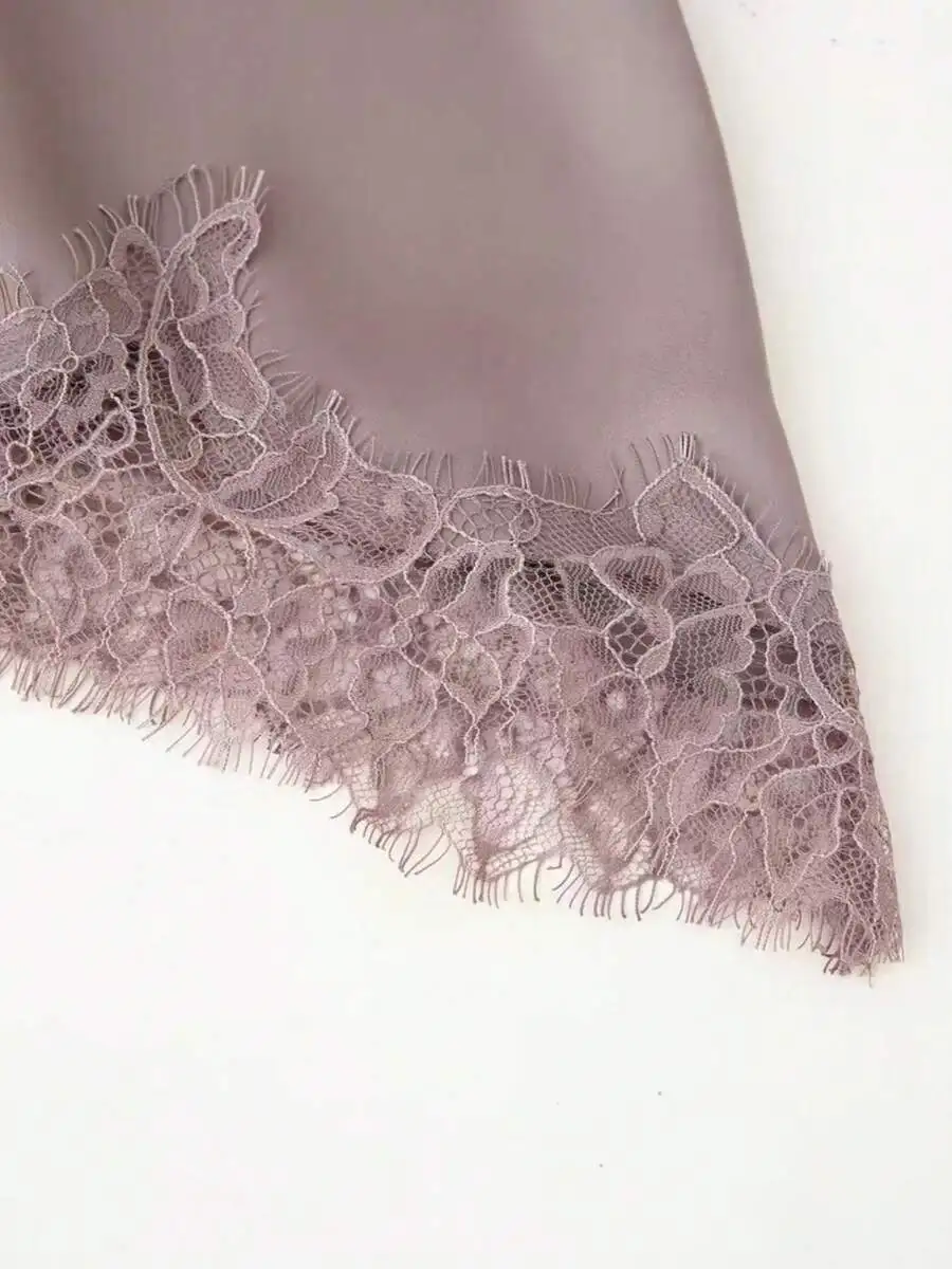 

Women Lace Patchwork Satin Camisole Top Asymmetrical Spaghetti Strap V Neck Backless Crop Top