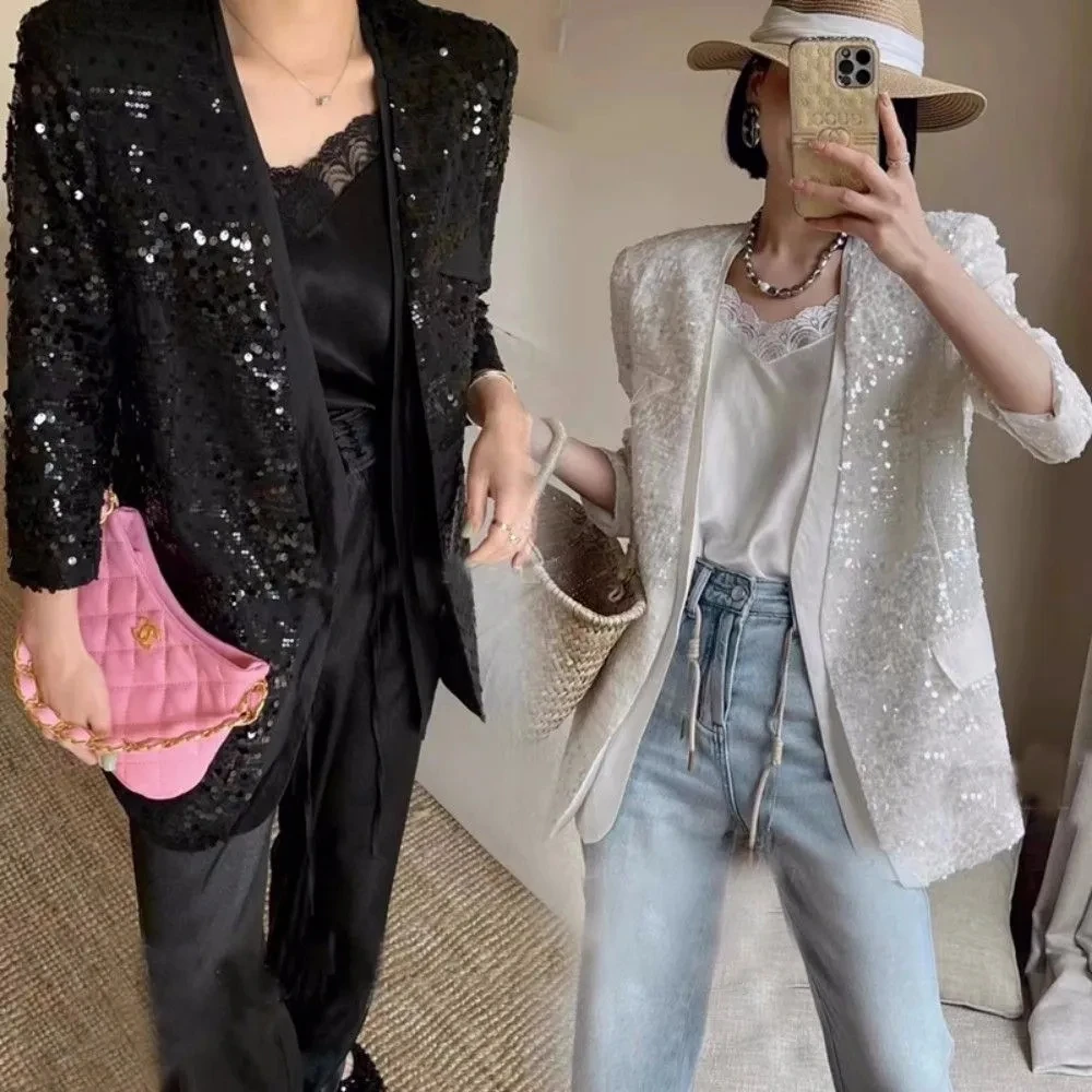 Women's Mid Length Shiny Party Casual Sparkling Blazer Top Women New 2023 European V-neck Sequin Tailored Jacket Female Clothing