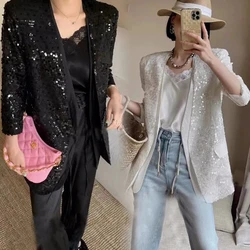 Blazer de soirée brillant mi-long pour femme, haut décontracté, blazer kling de Rotterdam, col en V européen, veste sur mesure à paillettes, vêtements féminins, nouveau, 2023