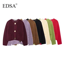 EDSA Women Vintage Solid Sweater O-Neck Long Sleeve Metal Button Knitted Cardigan Autumn Female Fashion High Street Top Coat