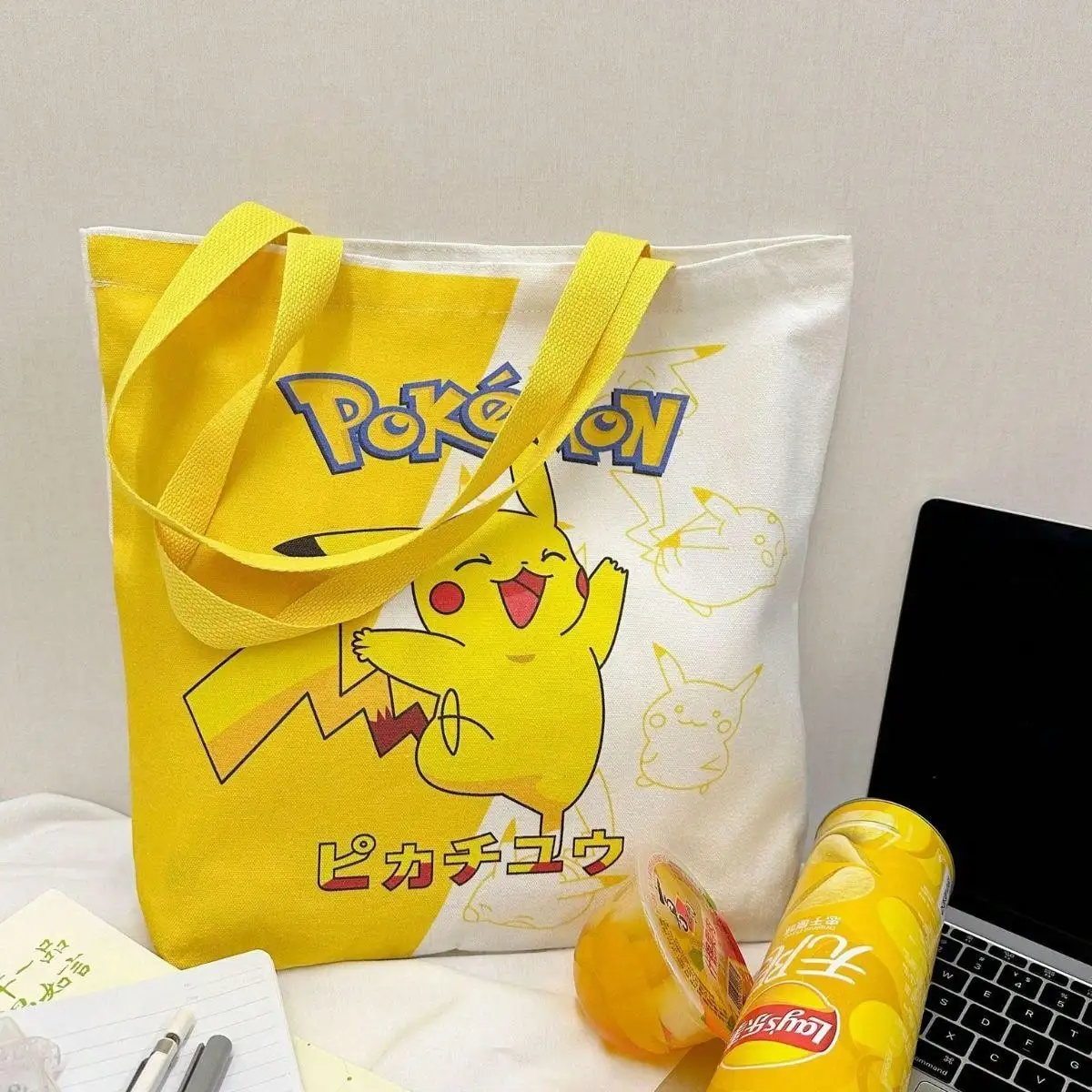 Pokemon Pikachu Tutoring Bag, Handbag, Canvas Bag, Carrying Bag, Single Shoulder Bag, Men's and Women's Tutoring Bag