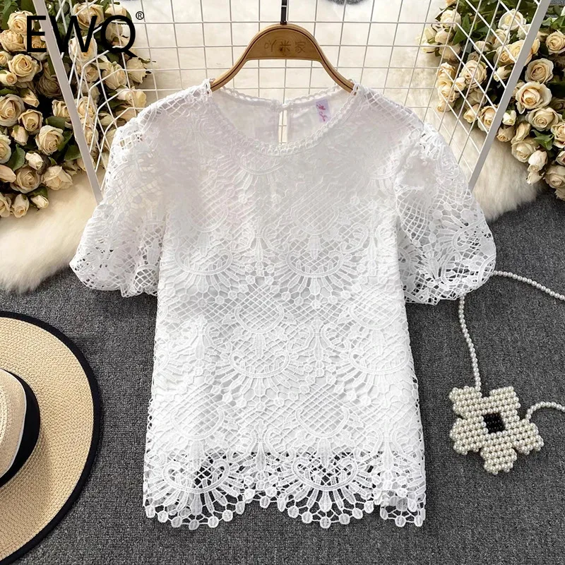 EWQ Summer Short Sleeves Blouse For Women Fashion Round Neck Lace Hollow Out Solid Color Tops Casual 2024 New Clothing 27C649