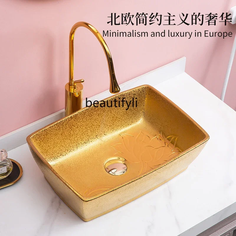 ss D Golden ceramic wash basin square table single basin local tyrant gold hotel bathroom face wash basin