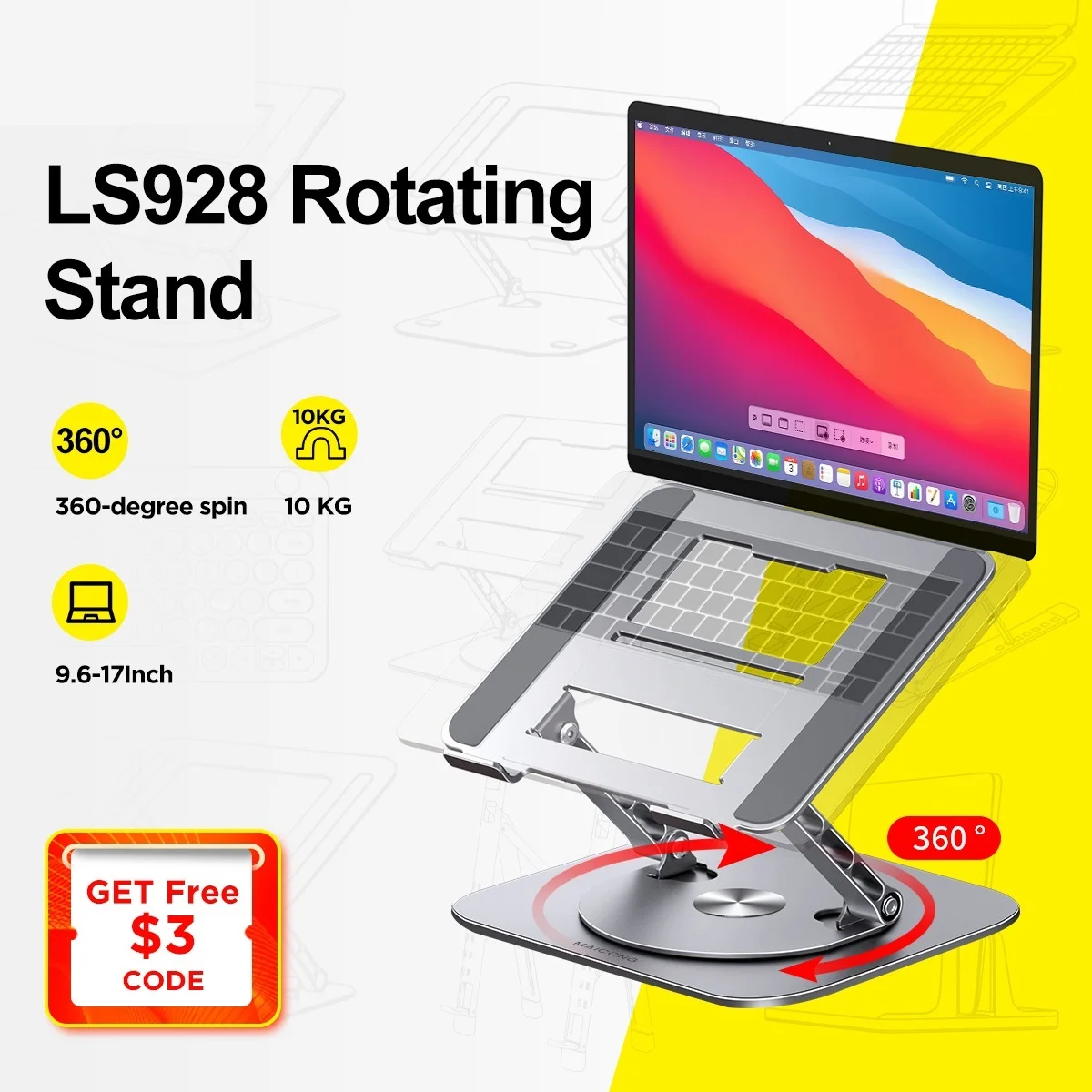 Go! LS928 Laptop Stand 360° Rotatable Notebook Holder Liftable Aluminum Alloy Stand Compatible with 9.7-17 Inch Laptop