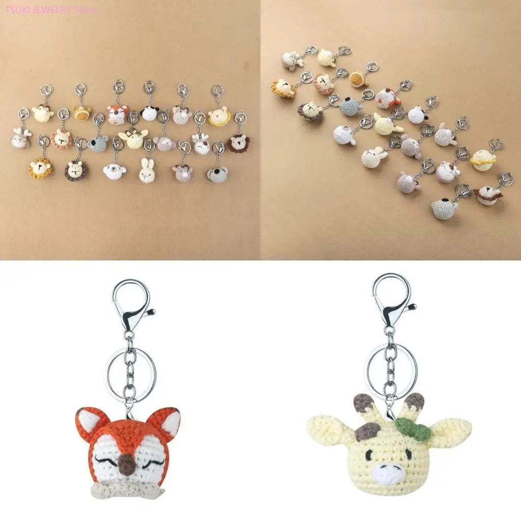 62KE Crocheted Animal Head Keychain Crochet Keys Chain Backpack Pendant Acrylic Fibers Material for Birthday Christmas Party