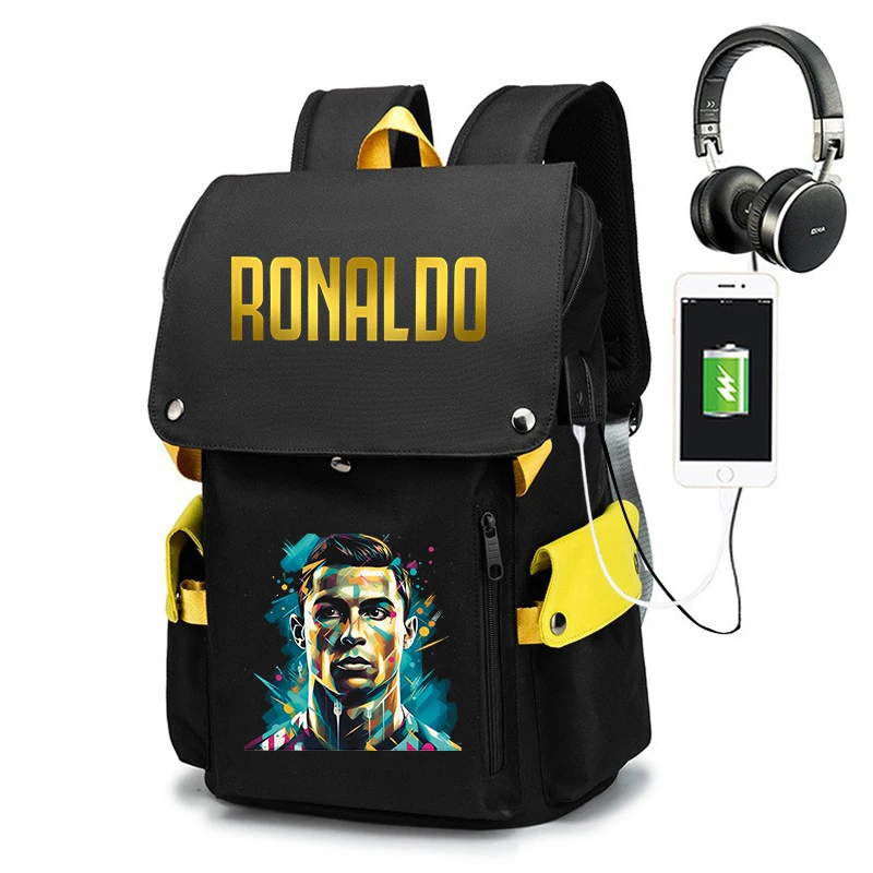 Ronaldo print primary and secondary school student backpack youth backpack outdoor leisure travel bag USB style