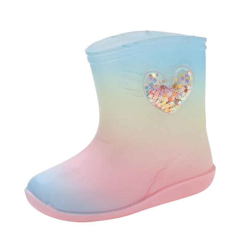 Girls Rain Boots Fashion PVC Waterproof Non-slip Water Boots Sweet Rainbow Bow Kids Princess Shoes Cotton Warm Baby Rubber Boots