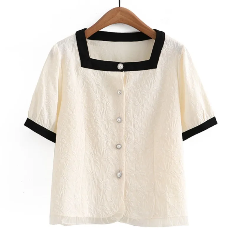 Plus Size Women Short Shirt 2023 Summer Puff Sleeve Square Collar Tops Loose French Chic Blouse Oversized Curve Clothes F33-8631