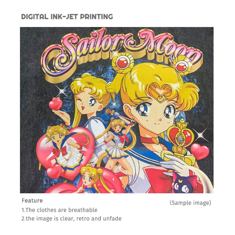 Anime Sailor Moon T-shirts Vintage Washed Tsukino Usagi Streetwear Cute Girl T-shirts Oversized Manga Short Sleeve Tops Tees