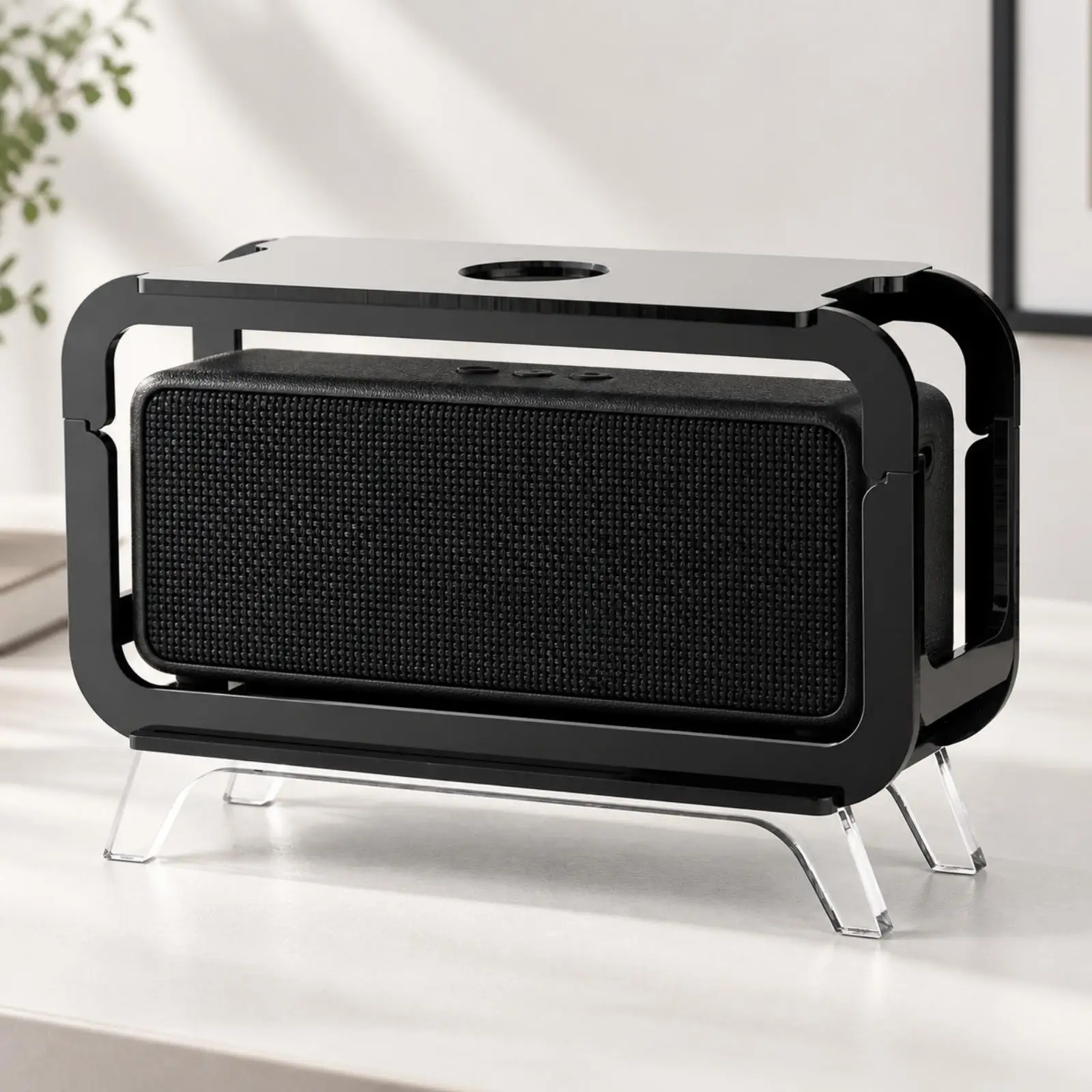 Acrylic Speaker Stand Display for Retro TV Cabinet Shape Desktop Decor with Open Front Panel and Four Support Legs