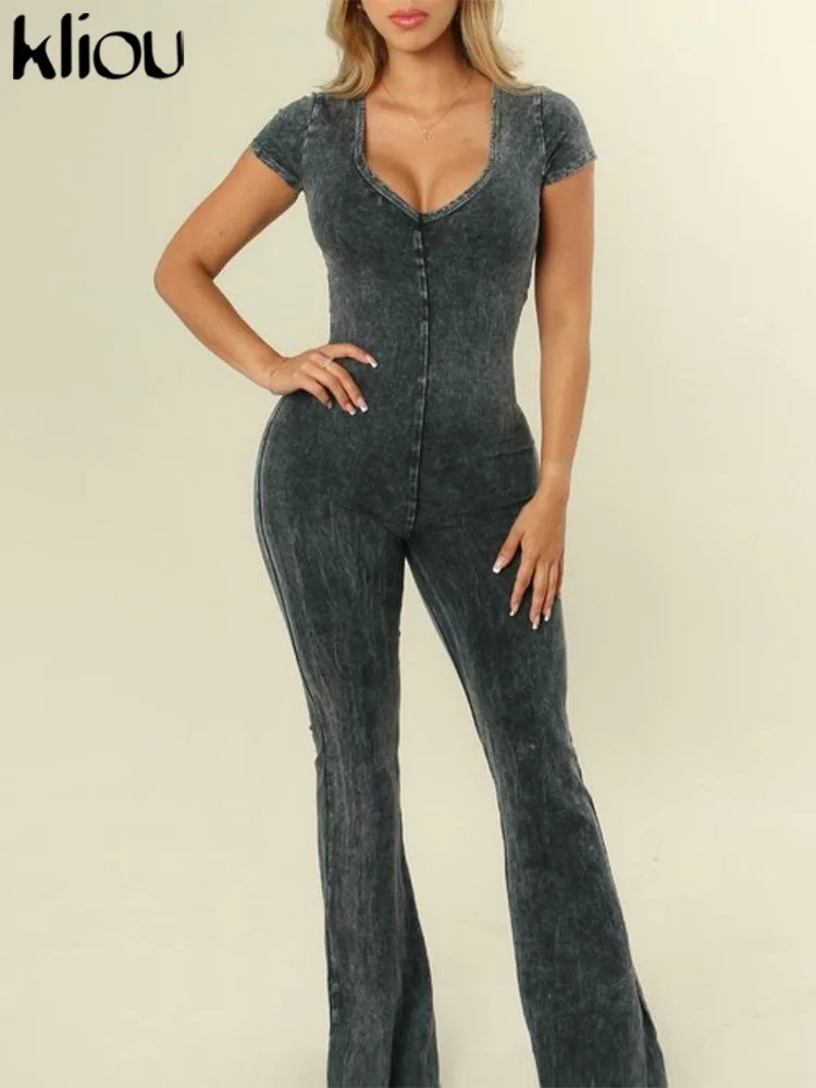 kliou Zomer Vrouwen Heavy Flare Jumpsuits Casual Basic Fit Korte Mouw O-hals Skinny Overalls Klassieke Vrouwelijke Straat Een Stuk