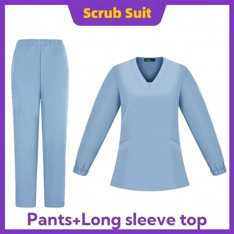 متعدد الألوان مستشفى الطبية فرك موحدة طويلة الأكمام الدعك مجموعة الجمال ملابس العمل ممرضة الملحقات بدلة جراحة الأسنان