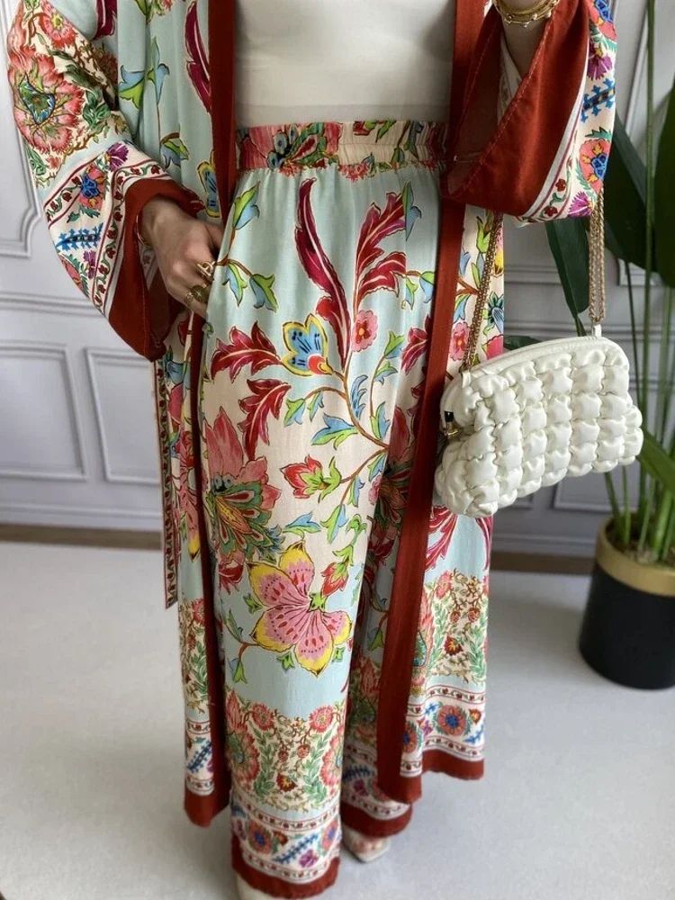 Two Pieces Set Dashiki African Women Printed Tops Long Sleeve V Neck Loose High Waist Wide Leg Pants African Fashion Suits New