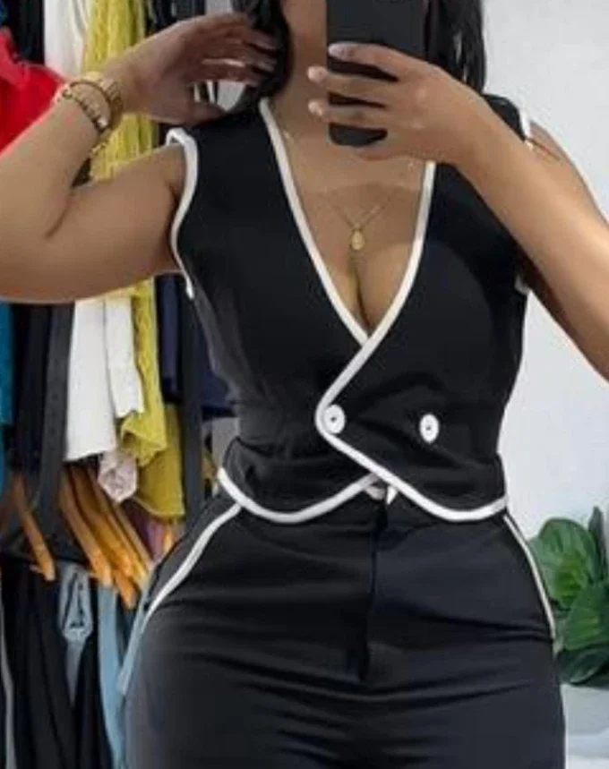Two Piece Set Women Outfit 2025 Spring New Colorblock V-Neck Contrast Binding Sleeveless Vest Tank & Casual Wide Leg Pants Set
