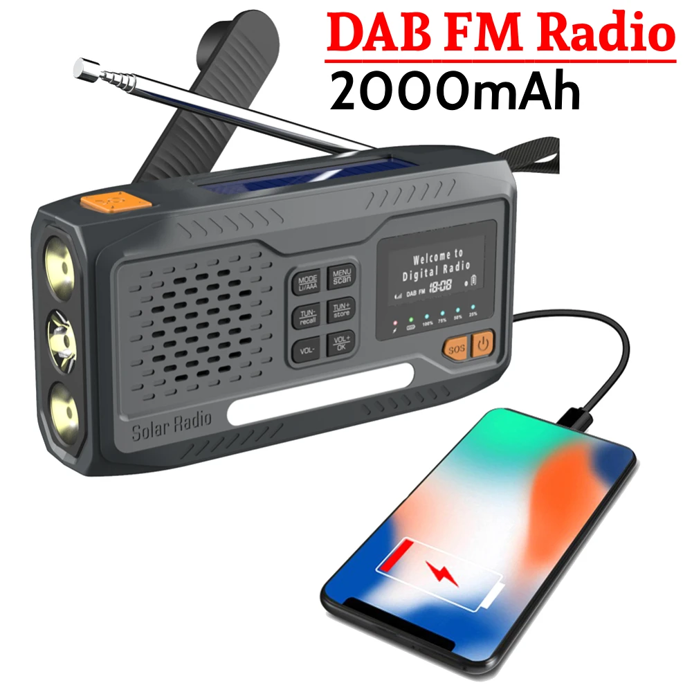

DAB FM-радио 2000 мАч, солнечная рукоятка, аварийный радиофонарь, лампа для чтения, разъем для наушников 3,5 мм, SOS-сигнализация для кемпинга, пешего туризма, палаток