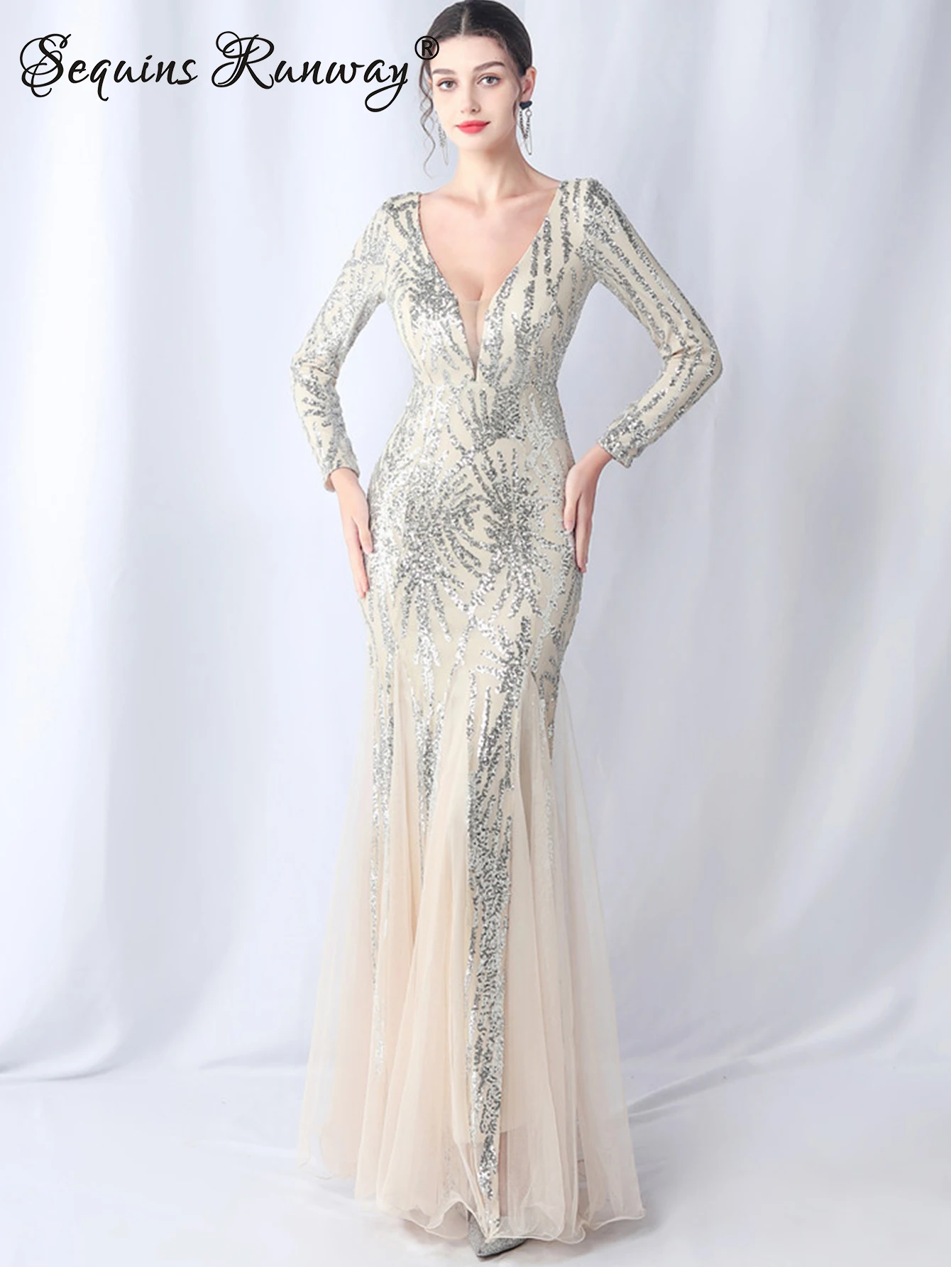 Sexy backless maxi sequin summer dress women 2024 elegant luxury mesh wedding party dress long sleeve evening dresses vestidos