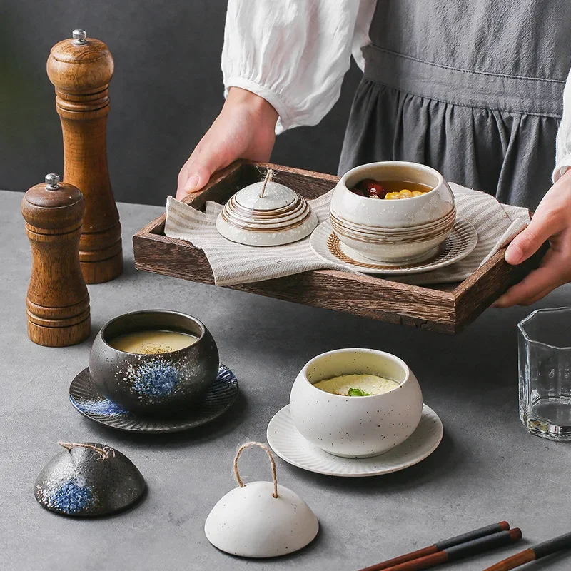 LingAo--Japanese-style ceramic pot for simmering bird's nest with a lid and a dish, dessert pudding bowl