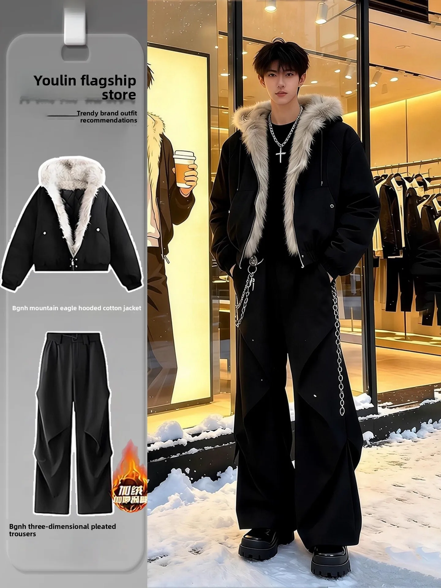 

American Sle Hooded Jaet with Fur Collar ort Men's Coat Cool Sli Winter Set High Sensation ort Cotton Jaet