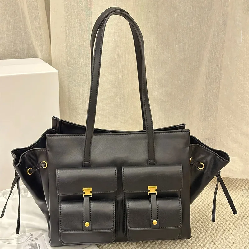 

Brand Women's Large Capacity Handbags Fashionable Double Pocket Motorcycle Bag High Quality Black Tote Bag Shoulder Underarm Bag