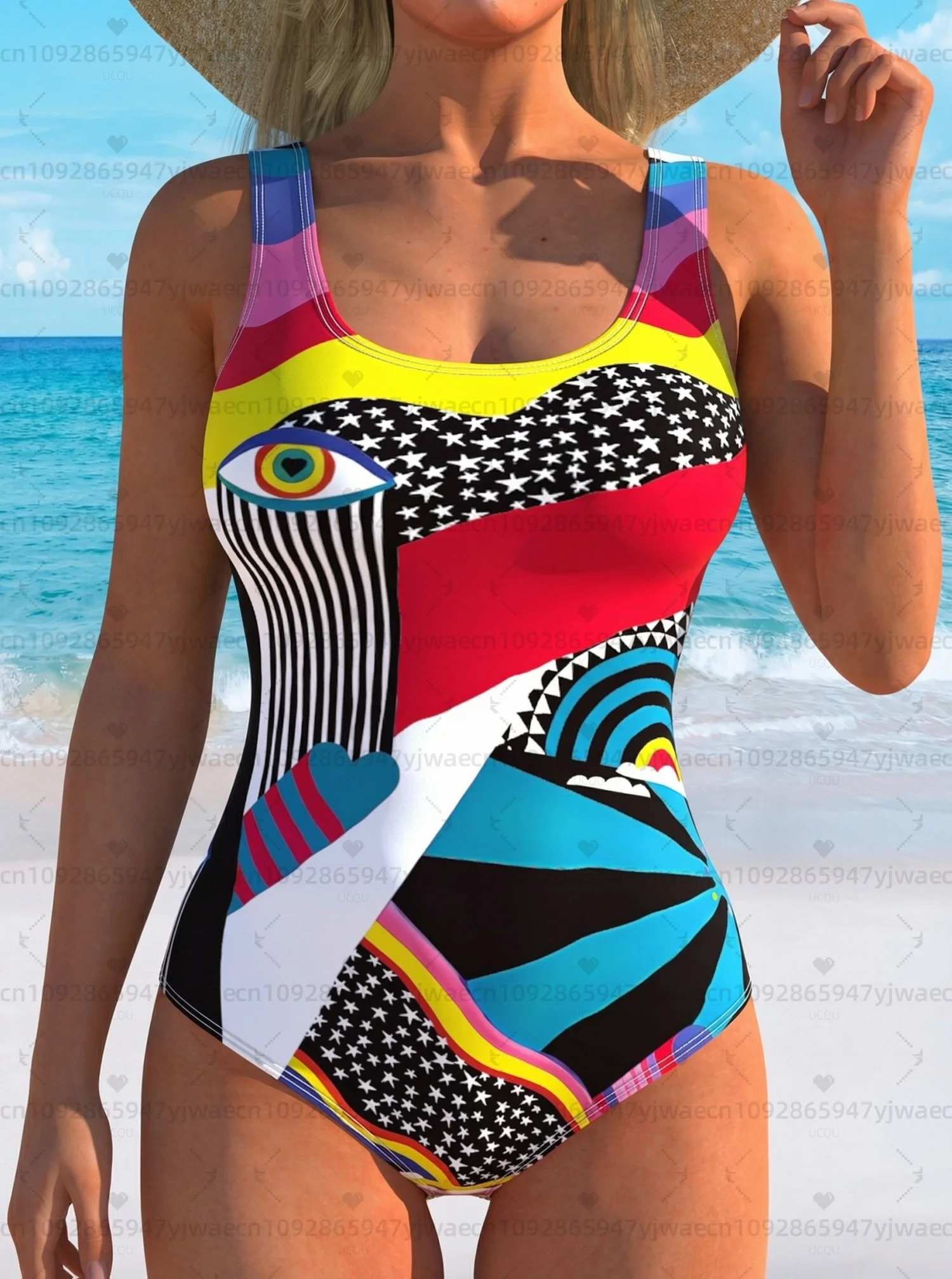 

2026 Womens Geometric Color Holiday Bikini Bohemian Summer One Piece Swimwear Sleeveless Bodysuits Bikinis Sexy Beachwear Female