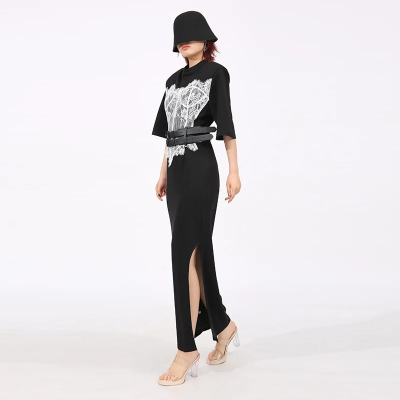 HKSH Spring Summer New Women Long Dress Short Sleeve Spliced Lace Color Block Belt Padded Shoulder Split Elegant Dresses HK16630