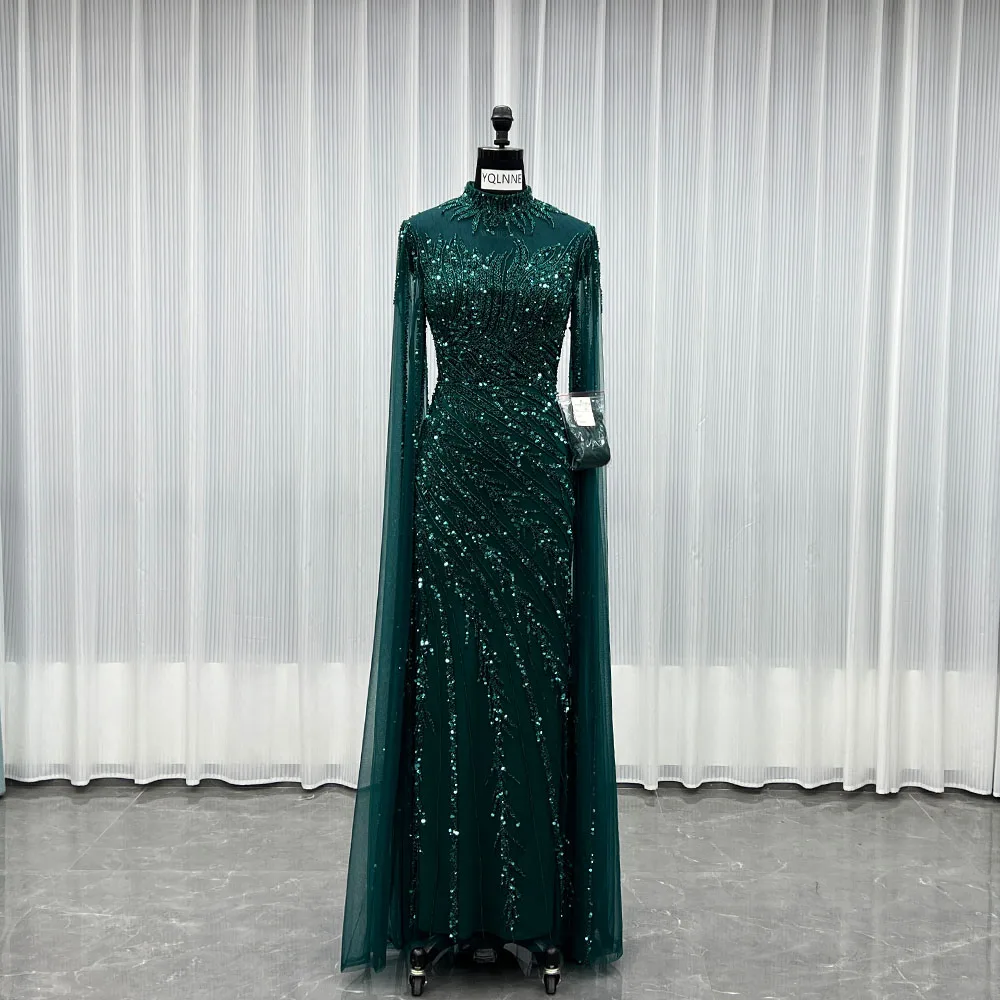 YQLNNE 049 فساتين سهرة متواضعة مصنوعة يدويًا باللون الأخضر الداكن مع كيب فستان رسمي لحفلات الزفاف للنساء #1
