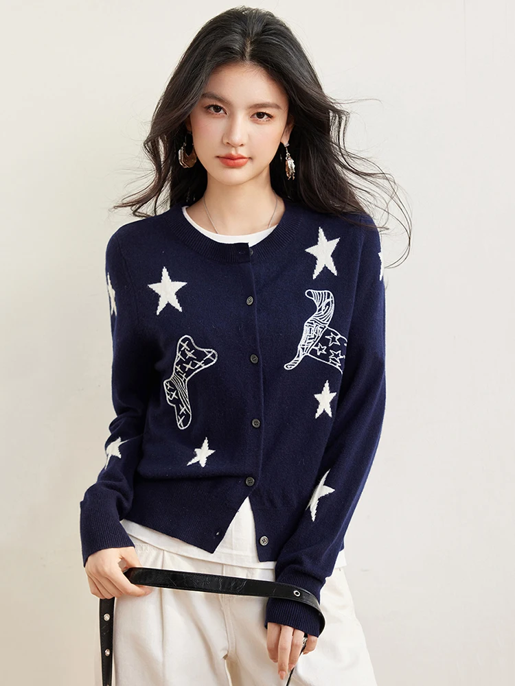 Knitted Cardigans Women 2025 Spring New Five-pointed Star Single Breasted Sweater Fashion Female Long Sleeve Knitted Coat